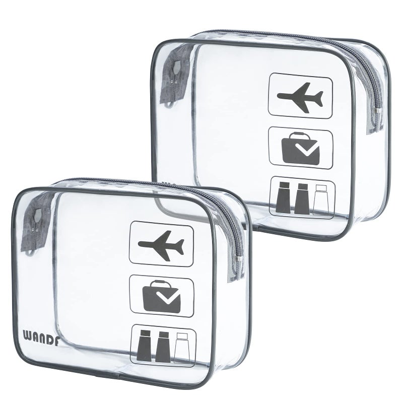WANDF TSA Approved Toiletry Bag  2 Packs Travel Clear Toiletry Bag  Quart Size Makeup Cosmetic Pouch with Zipper  Carry-On Airport Compliant Bag for Women and Men (2pcs Grey) - Image 1